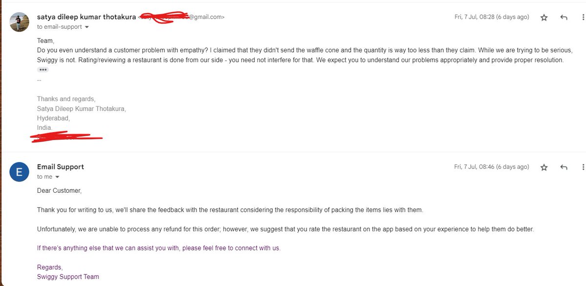 Dillu4's tweet photo. @Swiggy @SwiggyCares Orderid: 171737924944, an add-on was not delivered. I raised an issue, the person/bot who replies to the emails keep blabbering about "refund". Why was swiggy hosting "add-ons" service if they cannot monitor and solve issues of this sort? @Swiggy @SwiggyCares https://t.co/15PPrvZVMR