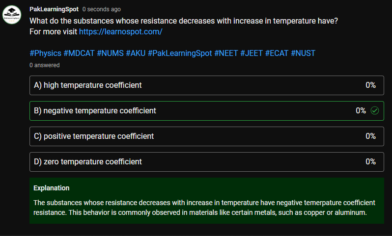 theplsacademy's tweet photo. What do the substances whose resistance decreases with increase in temperature have? For more visit https://t.co/WlDpqLNfLv
#Physics #MDCAT #NUMS #AKU #PakLearningSpot #NEET #JEET #ECAT #NUST https://t.co/emcSr3ptdd