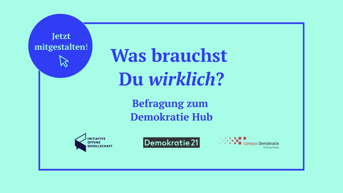 Wir wagen etwas Neues mit dem Demokratie Hub für 🇩🇪, 🇨🇭 und 🇦🇹. 
🤝Helft uns, indem ihr uns sagt, wie der Hub euch am besten unterstützen kann. 
💬Nehmt an unserer kurzen Umfrage teil: j7wngmomppd.typeform.com/demokratie-hub

#Demokratie #Zusammenarbeit #FeedbackWillkommen