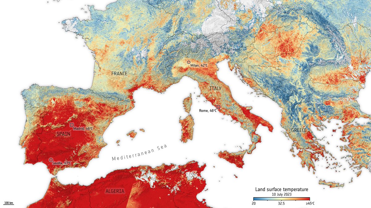 Après un mois de juin le plus chaud jamais enregistré, juillet s'annonce brûlant avec une vague de chaleur qui devrait faire monter les températures jusqu'à 48°C.

esa.int/Applications/O… #Cerberus 

Carte des températures de surface terrestre : 46°C à Rome et 47°C à Séville 👇