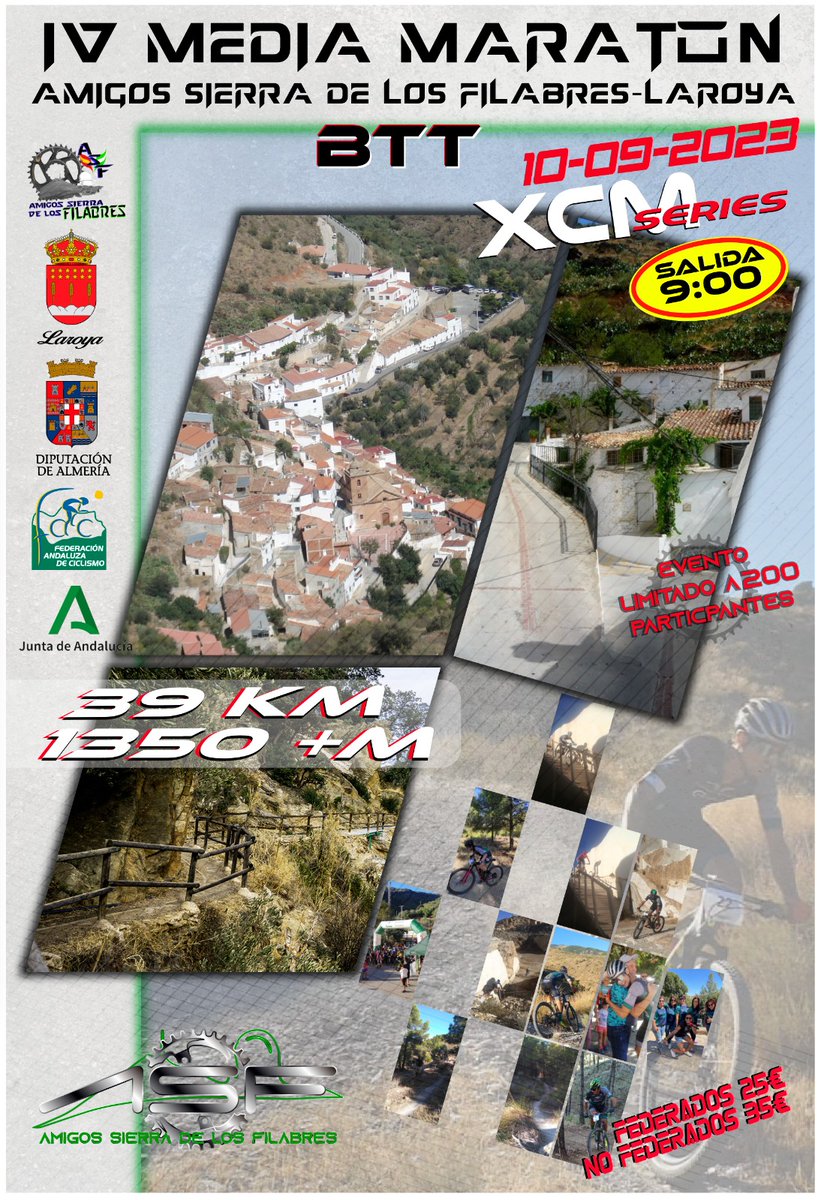 📝🚵‍♂️🚵‍♀️Apertura inscripciones 'IV Media Maratón Amigos Sierra de los Filabres'. Martes 18 de julio a partir de las 10h en: andaluciaciclismo.com/index.php/smar…
🗓️10/09/23
🏘️Laroya (Almería)
🔄39km 1350m D+
🚵‍♂️🚵‍♀️Desde cadete
🏆Puntuable #XCMSeriesAlmeria2023