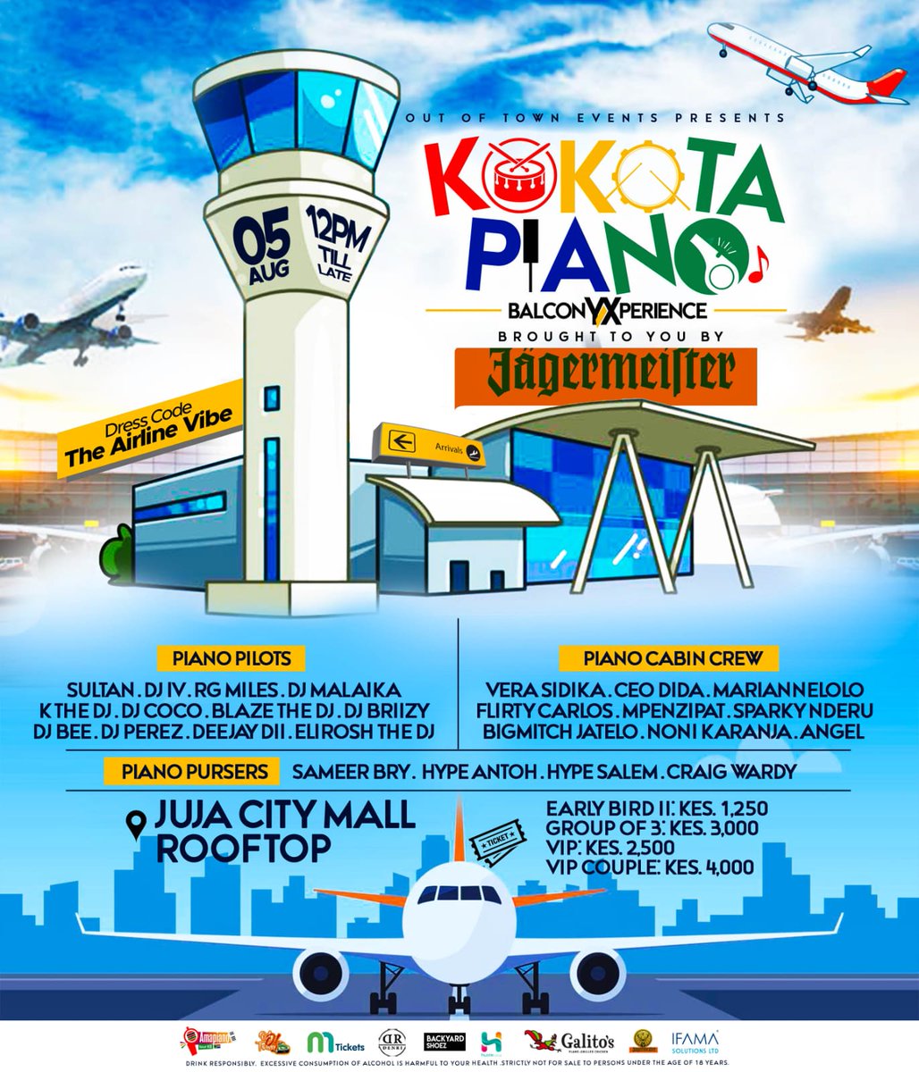 KeAmapiano's tweet photo. T-22 days and our Kokota Piano Flight 047 will be landing at the @JujaCity exactly 1200hrs local time on the 5th of August.🔥🔥 The crew is ready and so should you!! Grab your tickets via the link on bio and get your airline vibe fit ready🥳 
#amapianotourke 
#jagermeister https://t.co/nMiHVicCgP