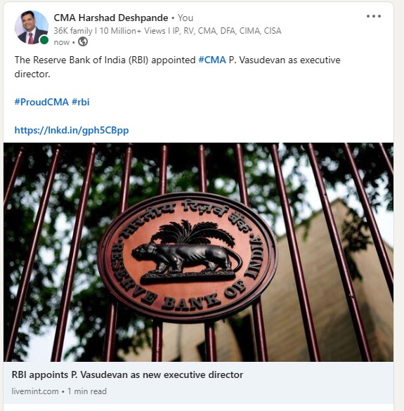 harshad_de's tweet photo. The Reserve Bank of India (RBI) appointed #CMA P. Vasudevan as executive director.

#ProudCMA #rbi

https://t.co/XjBa0xM0me https://t.co/jdzm7GVYca