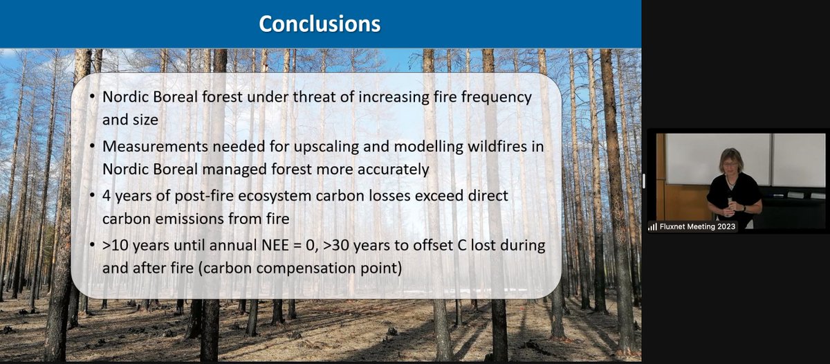 ICOS_RI's tweet photo. Natascha Kljun at #FLUXNET2023 on boreal wildfires. Nordic boreal fires are getting more frequent, and droughts increase the size of the burnt area. Fires cause long-term harm to the ecosystem: it can take 10 years to reach carbon balance again and 30 years to offset the C lost. https://t.co/wnZbdIwQ87
