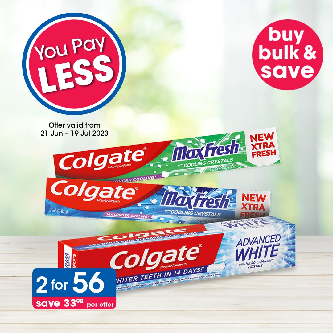 Clicks_SA's tweet photo. Stock up now and ensure your dental routine is on point. 🦷 ✨
From whitening to sensitivity relief, there's a toothpaste that meets your every need.
Available in store and online ->https://t.co/cTKSNJeb3i
Valid until 19 July 2023.
#ColgateToothpaste #DentalHealth https://t.co/o8uF3CTlu5