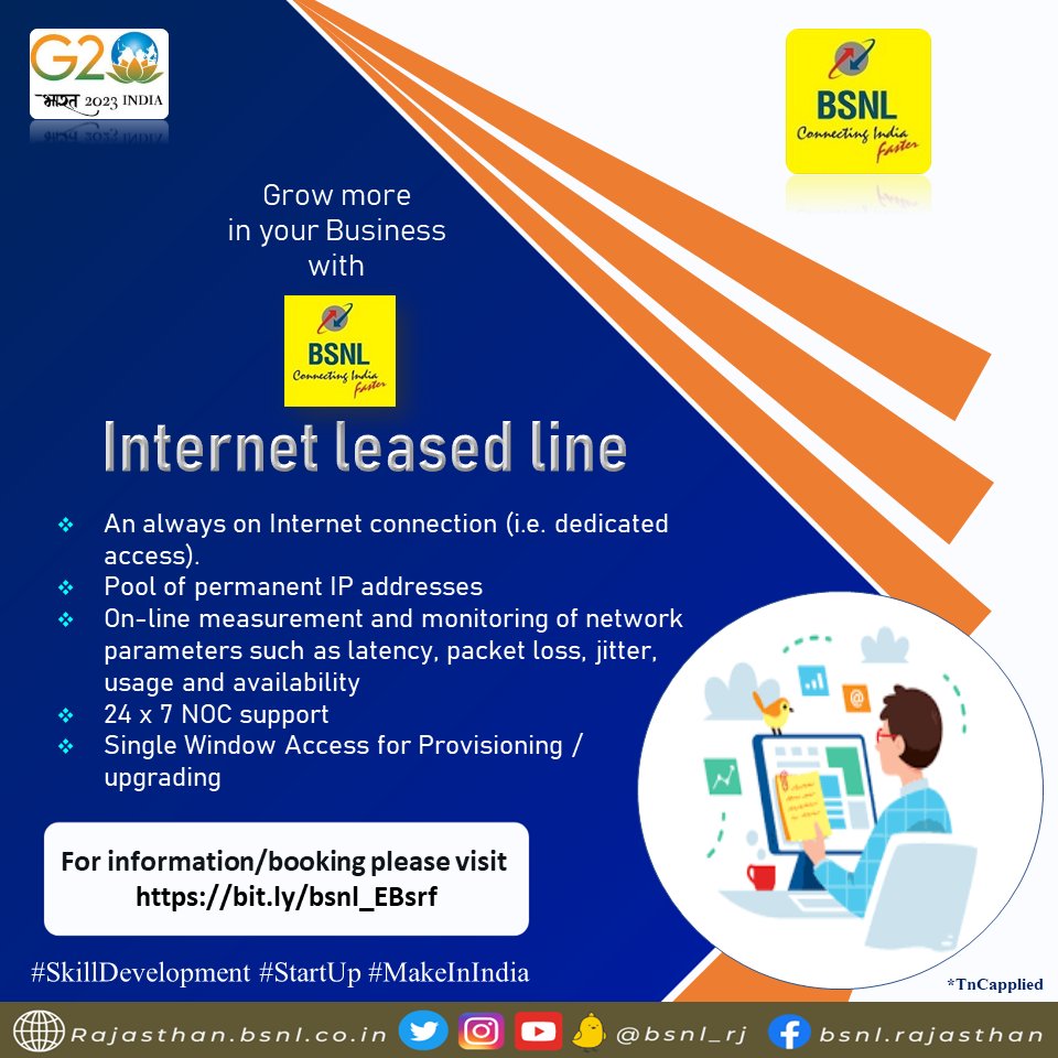 BSNL_RJ's tweet photo. Grow more with #BSNL !!!
Subscribe for #BSNLEBServices #InternetLeasedLineService For more info/booking please visit https://t.co/enG0kOemZ5 #Entertainment #business #Banking #education #MakeInIndia #SkillDevelopment @BSNLCorporate #BSNLRJ_EBServices https://t.co/txoIK9RbYi