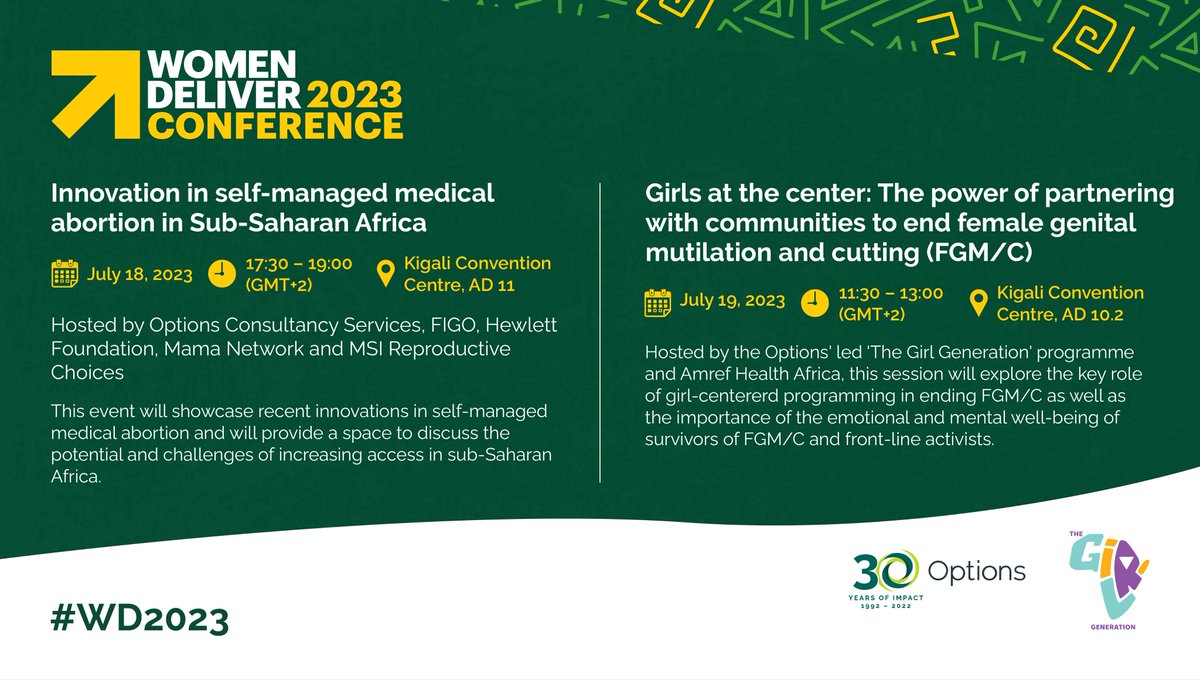 Join us for our sessions at #WD2023 on the potential + challenges of increasing access to self-managed medical abortion in Sub-Saharan Africa + role of girl-centred programming in ending #FGM/C. With <a href="/gchallenges/">Grand Challenges Canada</a>, <a href="/Hewlett_Found/">Hewlett Foundation</a>, <a href="/MSIchoices/">MSI Reproductive Choices</a> + others.

🔗options.co.uk/news/join-us-a…