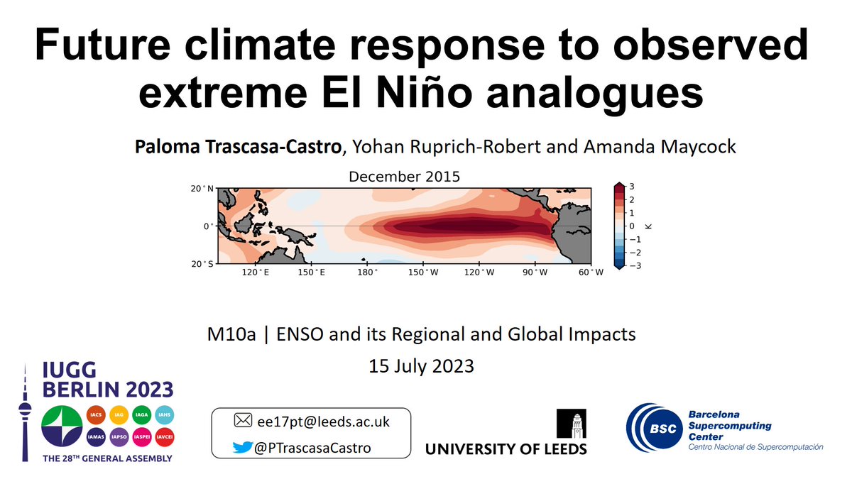 Attending #IUGG2023 and looking for things to do on Saturday morning? If you're interested in pacemakers and future climate impacts of extreme El Niño events come to the M10a session at #IUGG2023 !
 
I'll be giving the last talk of my PhD  at 11:15 (Hall A8)