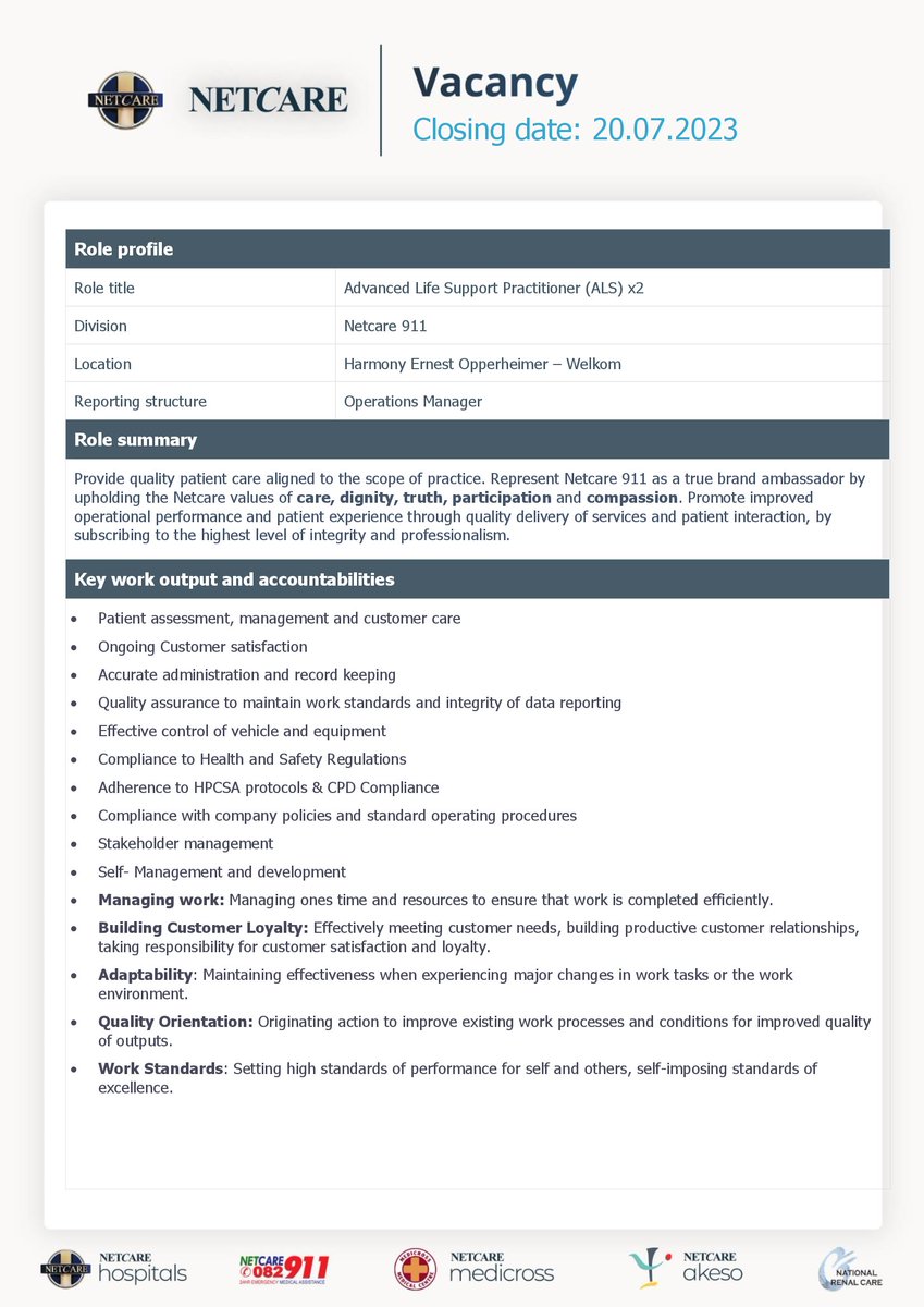 Vacancy - Advanced Life Support Practitioner (ALS)
Division - Netcare 911
Location: Harmony Ernest Opperheimer - Welkom
For more information, please contact the provided email address only. https://t.co/e8X38Hkct4