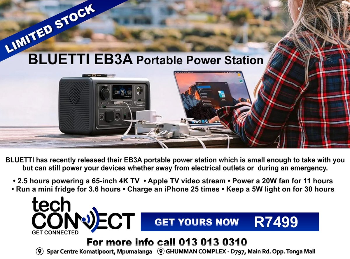 #techConnect - #Komatipoort /#Tonga, #Mpumalanga - #LOADSHEDDING DRIVING YOU MAD? Now at TechConnect Limited Stock. #BLUETTI EB3A Portable Power Station. Can keep 5W lights on for up to 30hrs. Get yours now! 
Give us a call on 013 0130310/ 063 635426 
 https://t.co/fQGXwQGGRv https://t.co/3czOj51BoL