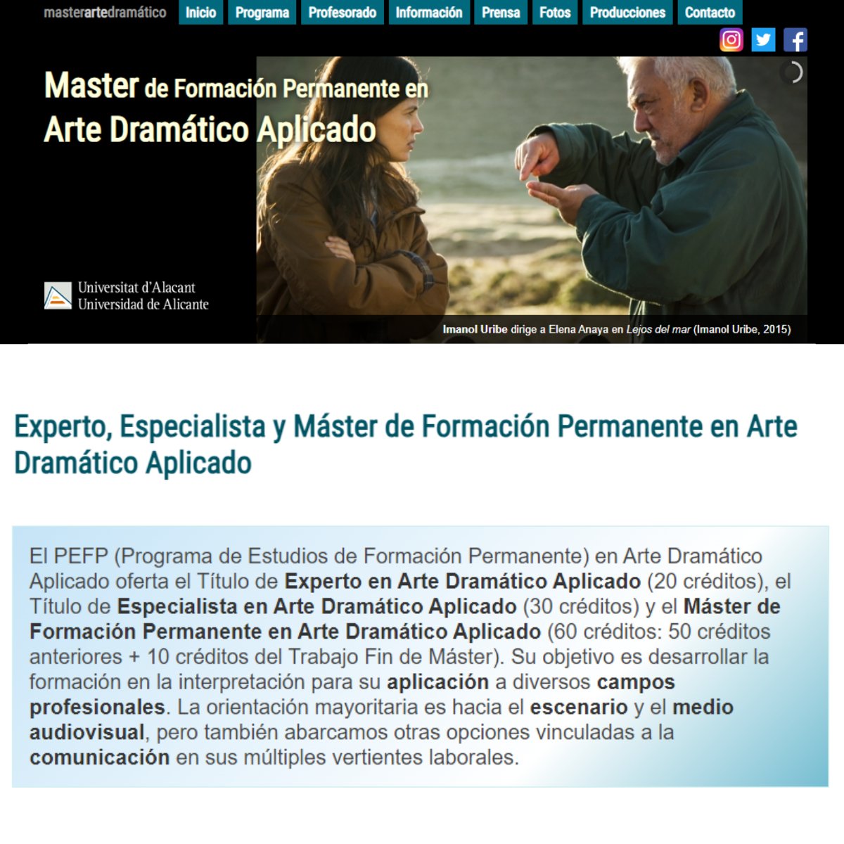Experto, Especialista y Máster de Formación Permanente en Arte Dramático Aplicado de la <a href="/UA_Universidad/">Universidad de Alicante UA</a>  🧑‍🎓👩‍🎓

👉Preinscripción abierta‼️

ℹ️ bit.ly/3OeYOZa

<a href="/ArteDramaticoUA/">Arte Dramático UA</a> <a href="/JohnDSanderson/">John Sanderson</a> <a href="/Nuri_Gallardo/">Nuria Gallardo</a> @montxoarmendari @popcornjotter <a href="/juanluismira/">Juan Luis Mira</a> @TousAlejandro