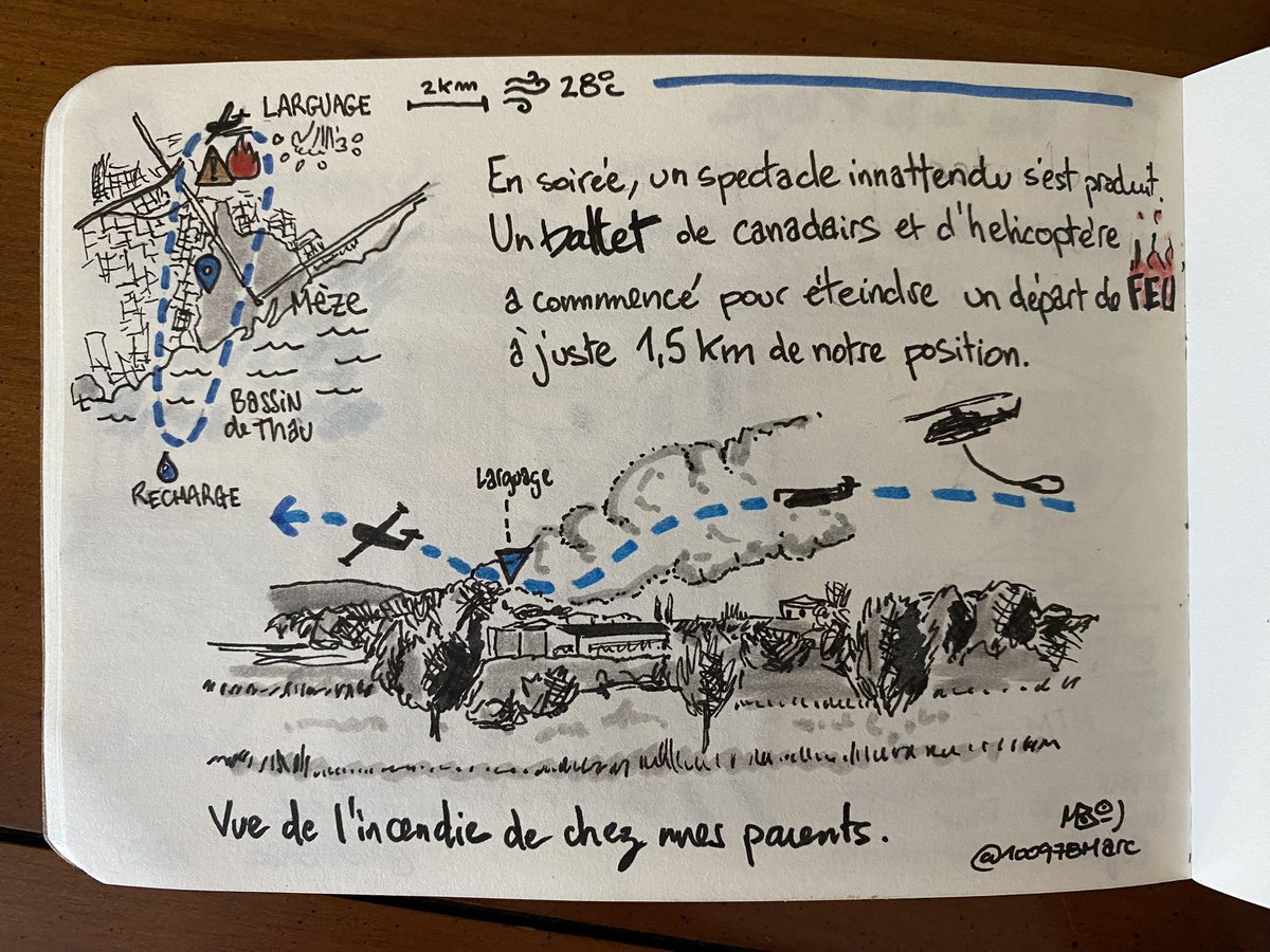 Aux premières loges du ballet de canadairs pour enrayer un départ de feu 🔥 #mèze #sketchnote #sketch #travelnotebook #carnetdevoyage #todaysdoodle
