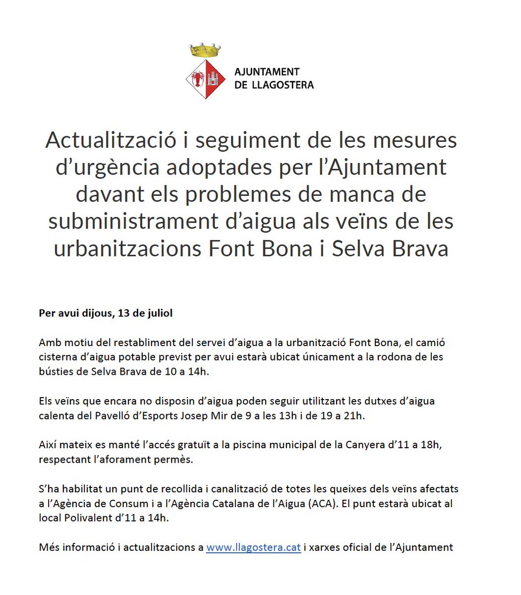 llagosteraldia's tweet photo. 📢Actualització i seguiment de les mesures d’urgència adoptades per l’Ajuntament davant els problemes de manca de subministrament d’aigua als veïns de les urbanitzacions #FontBona i #SelvaBrava

👀👉https://t.co/k2obJIAIpv https://t.co/Z3oxXpESC8
