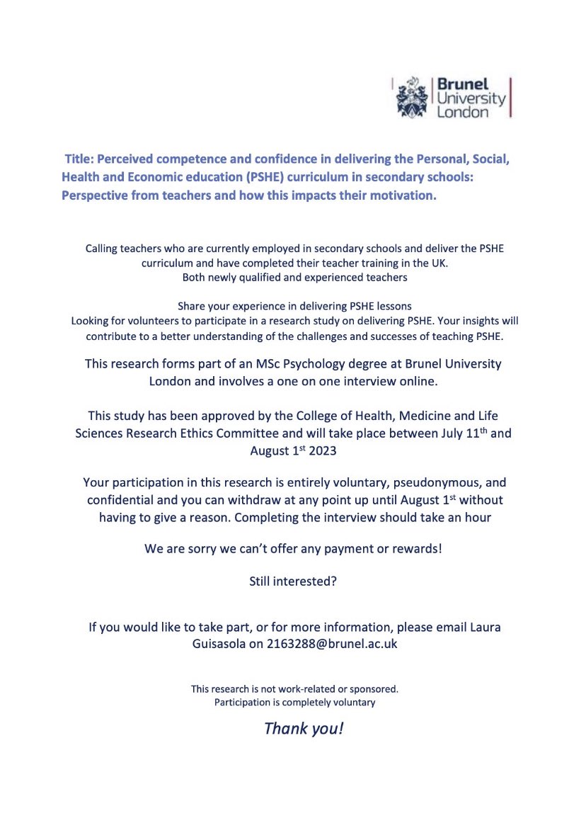 lauraengteacher's tweet photo. 🗣️ Call for participants 🗣️
Please RT/get involved if you can. Looking for secondary school PSHE teachers to help with MSc project. Email:2163288@brunel.ac.uk #edutwitter #teaching #research #volunteers #participants @amymayforrester @MrsSpalding @MissTurnerChem @TheOther16Hours https://t.co/VLnmns8c6Q
