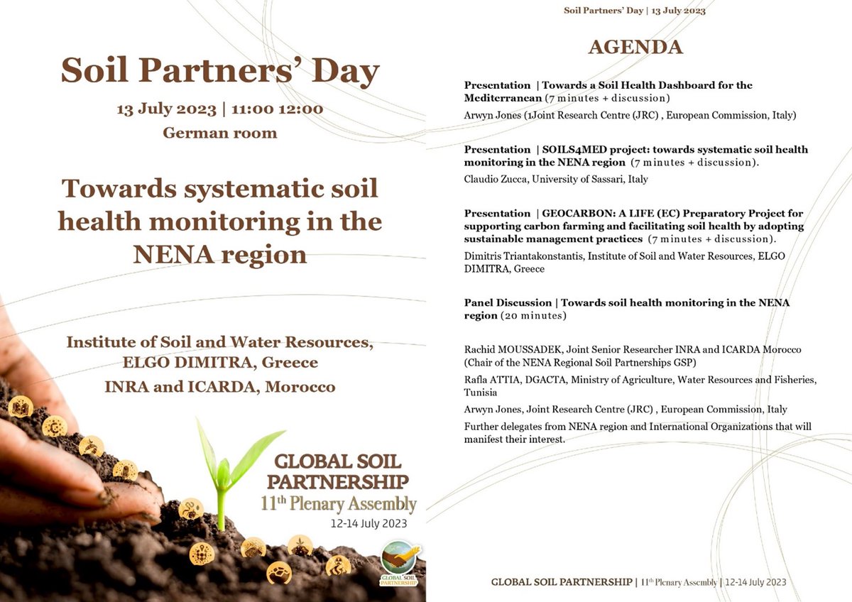 ICARDA's tweet photo. 🎉@PrimaProgram #SOILS4MED will be presented at the 11th @FAO @PartnershipSoil Plenary Meeting at the Soil Partners’ Day TODAY from 11.00-12.00 CEST!
🎯@swri_hao #ELGODIMITRA #INRAMorocco @EU_ScienceHub @unissTweet #DGACTA.
SOILS4MED👉https://t.co/bVF7QAz77u https://t.co/IfMFqSxnGT
