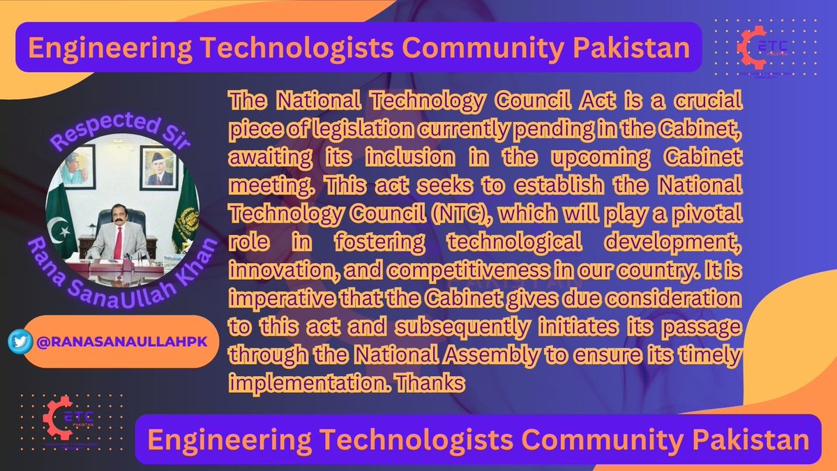 omerawan48's tweet photo. #NTCP_Bill Sir @RanaSanaullahPK I have faith that the Cabinet will acknowledge the significance of this NTC Act and move quickly to facilitate its passage through the National Assembly, opening the door for a more promising, technologically advanced future. https://t.co/8Qa9Zc6RYi