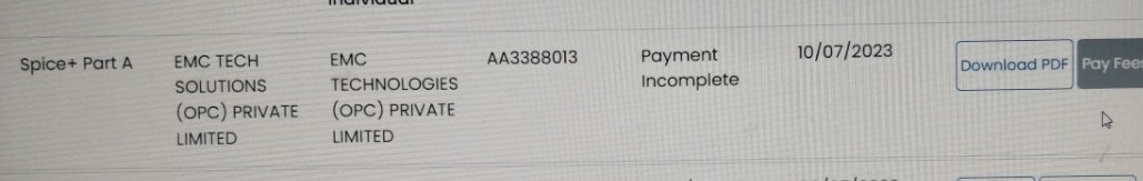 rathikeshav29's tweet photo. @HelpdeskMCA21V3 @MCA21India @icsi_cs @theicai After submitting spice part A for name reservation the pay fee option is not enabled. Unable to make payment &amp; proceed for name approval. SRN AA3388013 dated 10-7-23. Tried from other id vide SRN AA3452304 but the same issues pertain https://t.co/v8n7I2Rv34