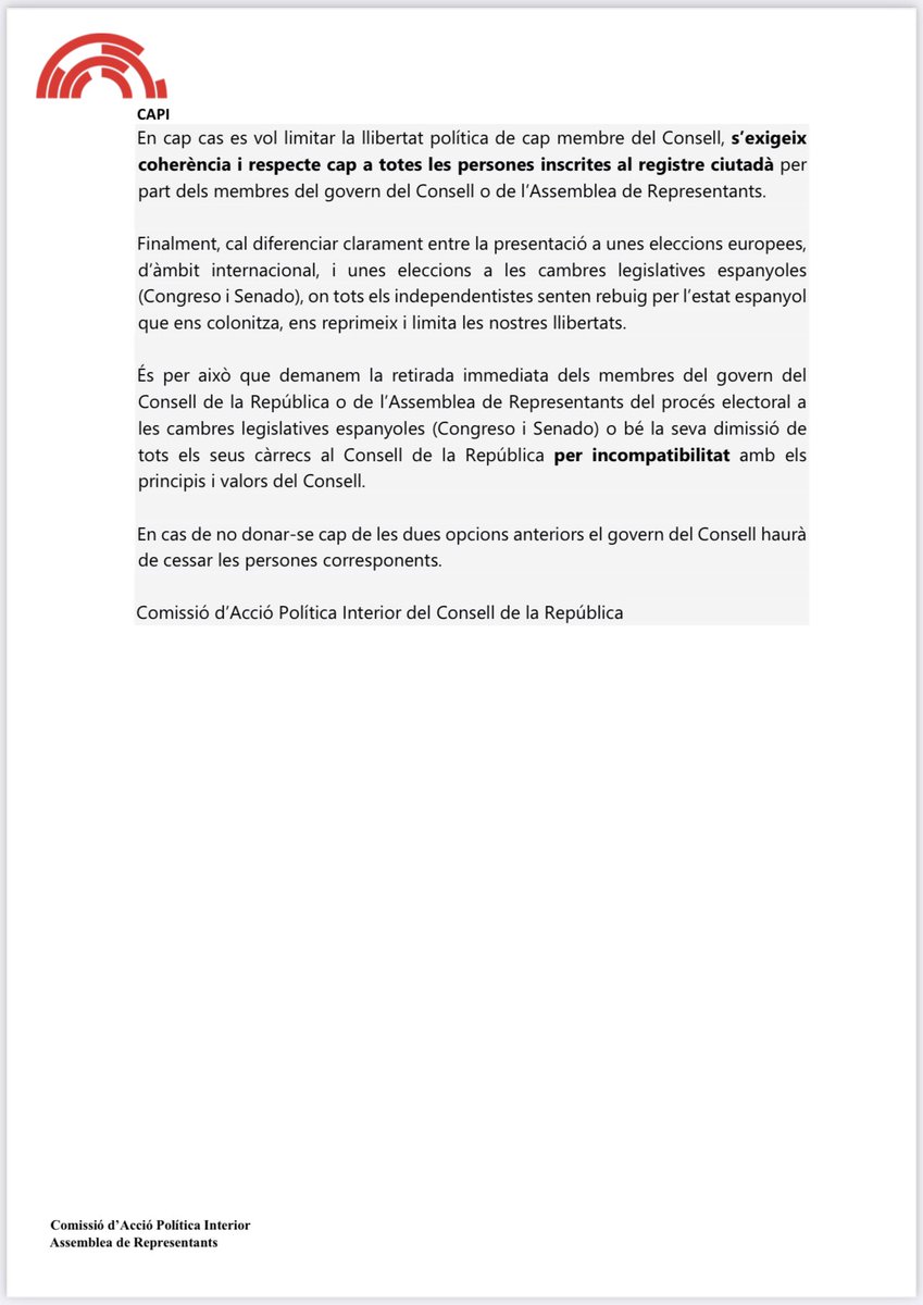 CxRcapi's tweet photo. Posicionament de la CAPI sobre la participació de membres de l’@ARepresentants o del @ConsellRep en el procés electoral a les cambres legislatives espanyoles (Congrés dels Diputats i Senat) https://t.co/kxJmtadvJd