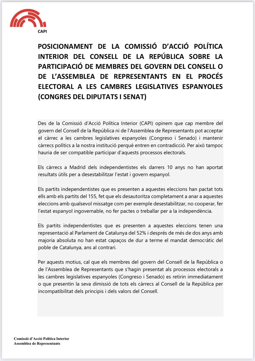 CxRcapi's tweet photo. Posicionament de la CAPI sobre la participació de membres de l’@ARepresentants o del @ConsellRep en el procés electoral a les cambres legislatives espanyoles (Congrés dels Diputats i Senat) https://t.co/kxJmtadvJd