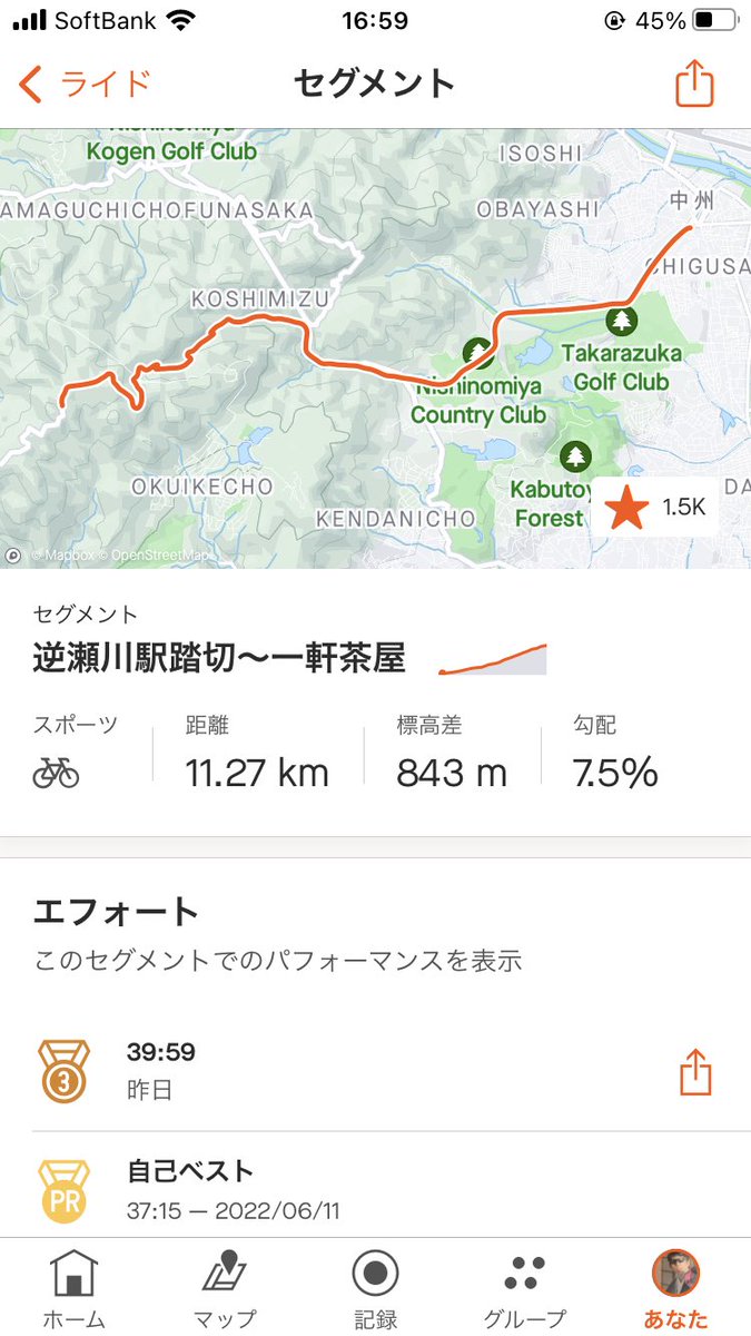 ta280526's tweet photo. 昨日一億年ぶり位に六甲山40分切れた。40分の目標通過タイムは西高前7:30 甲寿橋11:30 盤滝17:30 133カーブ19:30 128カーブ24:30 125カーブ27:00 宝殿32:00 トンネル37:30位。
パワーは260w前後で5倍位。風向きが西風やと結構パワーださないとしんどい。 https://t.co/2Tt3nbpXhg