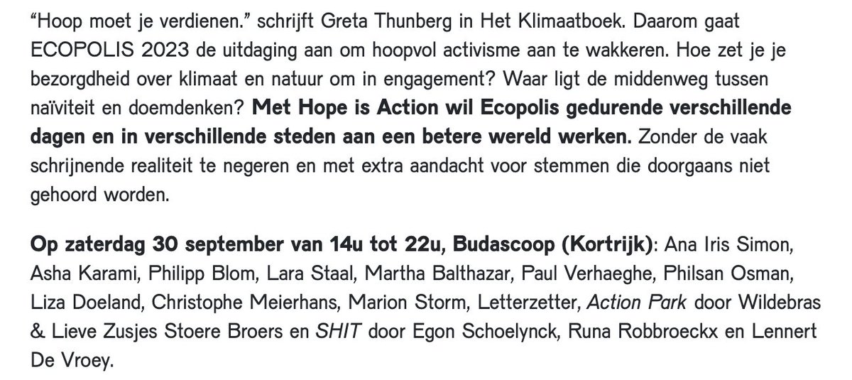 Super trots met het programma van @Ecopolis_be #Kortrijk programma in @BUDAKORTRIJK 
Met #HoopIsActie zitten we midden in het klimaatdebat, de line-up is inspirerend en divers.
Tickets vanaf nu beschikbaar!
buda.be/voorstelling/e…