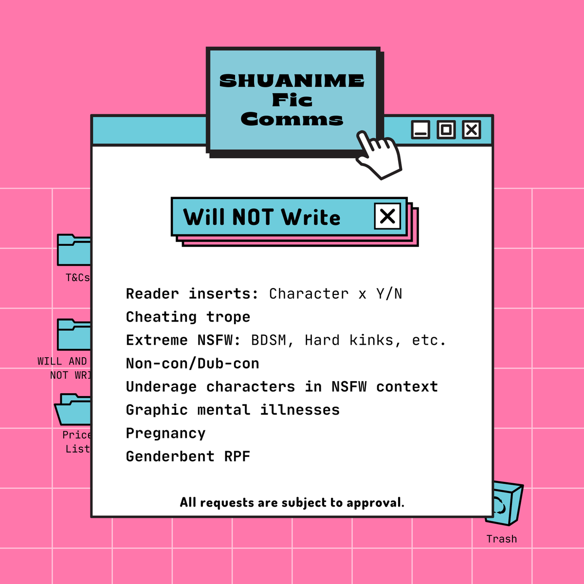 shuanime's tweet photo. fic comms: request form @ https://t.co/ZO8fc0xhB0
» please read T&amp;Cs before submitting a request

support my works by donating @ https://t.co/0sj0ar88WK
cc for general questions @ https://t.co/qvJVnk4Cok
dm for inquiries!

like/rt will help! ♡ https://t.co/Uhdk2ry6Fl