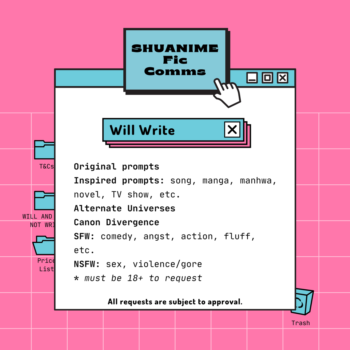 shuanime's tweet photo. fic comms: request form @ https://t.co/ZO8fc0xhB0
» please read T&amp;Cs before submitting a request

support my works by donating @ https://t.co/0sj0ar88WK
cc for general questions @ https://t.co/qvJVnk4Cok
dm for inquiries!

like/rt will help! ♡ https://t.co/Uhdk2ry6Fl
