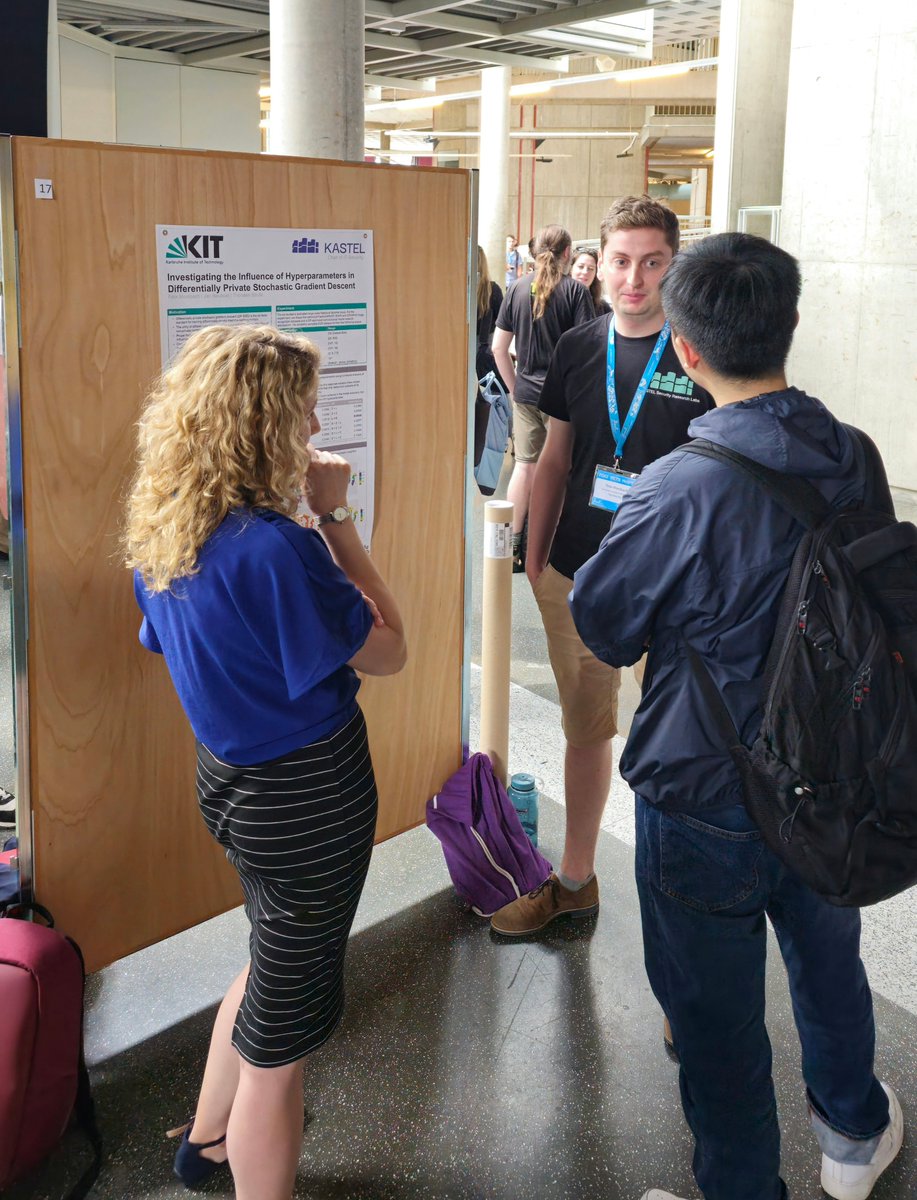 pskit4's tweet photo. Here for the discourse: Felix presenting his poster on our study investigating the effect of hyper parameter choices when training image recognition models with DP at #PETS23
There will be another poster session today, do pass by and shoot him your questions ;-) https://t.co/zKPjciDfis