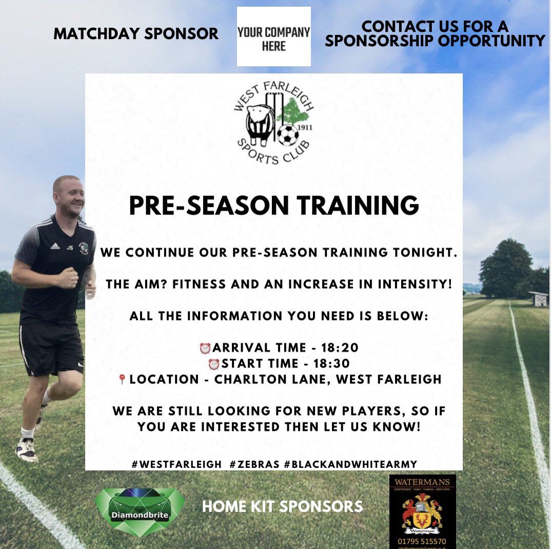 Pre-Season Training

We continue our pre-season training tonight.

All the information you need is below:

⏰ Arrival Time - 18:20
⏰ Start time - 18:30
📍 Location - Charlton lane, West Farleigh

#WestFarleigh #Zebras #BlackAndWhiteArmy #New #Players