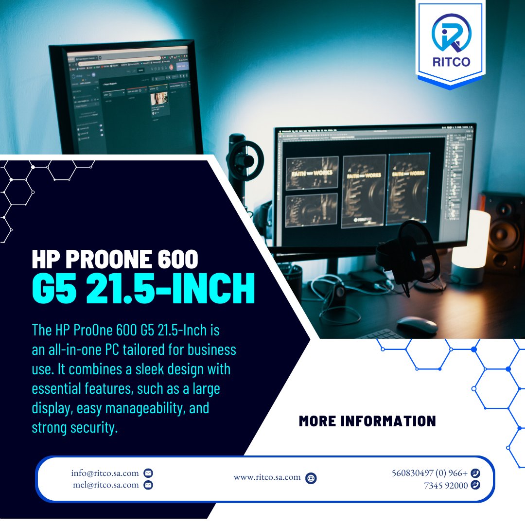 The HP ProOne 600 G5 simplifies your workstation. Enjoy a gorgeous 21.5-inch display and smooth performance. #HPProOne600G5 #AllinOnePC
For further queries reach me out at sah@ritco.sa.com  on mail And On whatsapp at 966-11-8359917 or call on 966-11-4061888