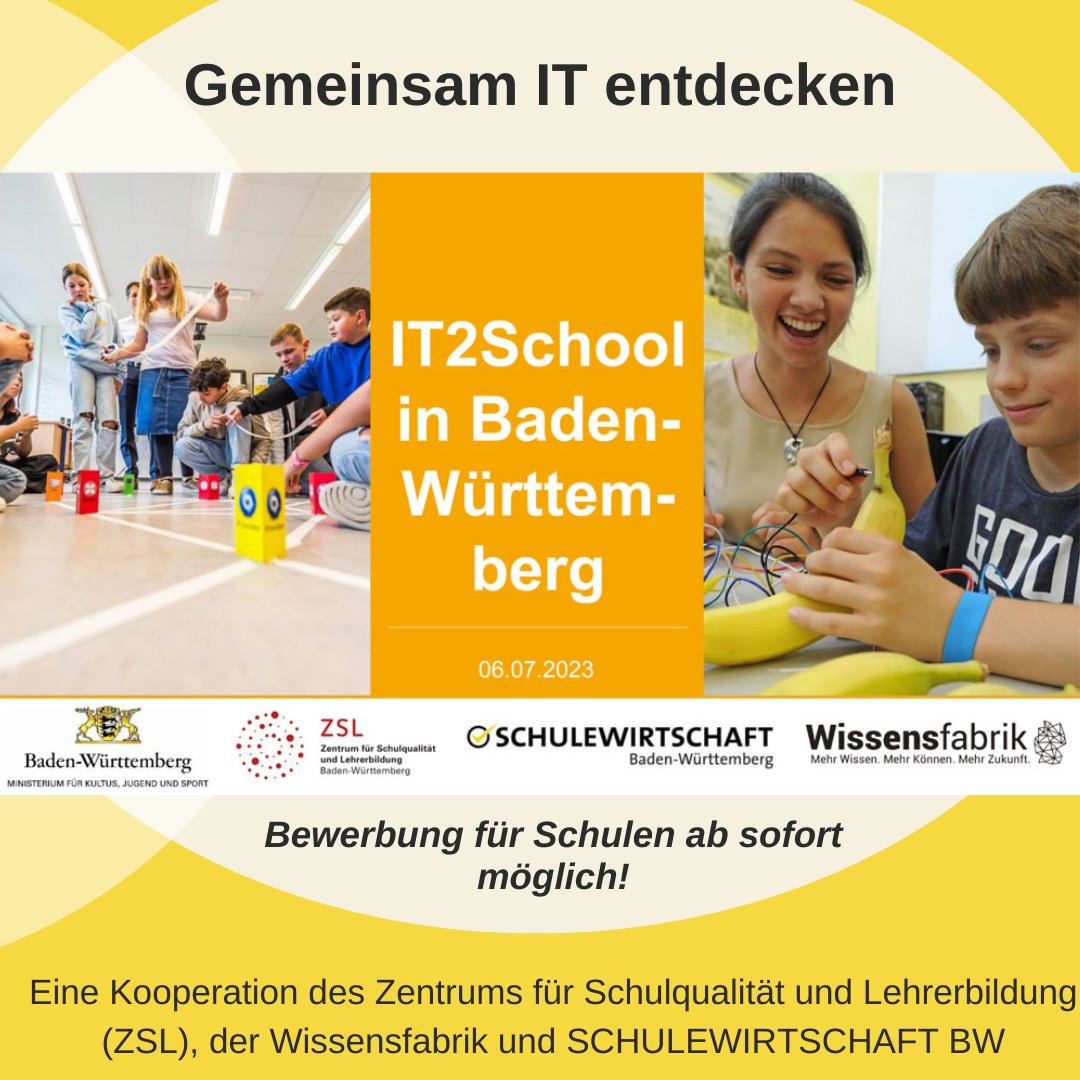SWBWnews's tweet photo. #edubw 📢 Bewerbungen für das Programm #IT2School sind ab sofort möglich 🎉
Jugendliche blicken hinter die Kulissen der digitalen Welt & lernen Grundlagen der IT auf spielerische Weise kennen. Alle Infos gibt es hier ➡️https://t.co/WIzYoUTBZs
@WissensfabrikDE @KM_BW #twlz https://t.co/8dLsiD4a6R