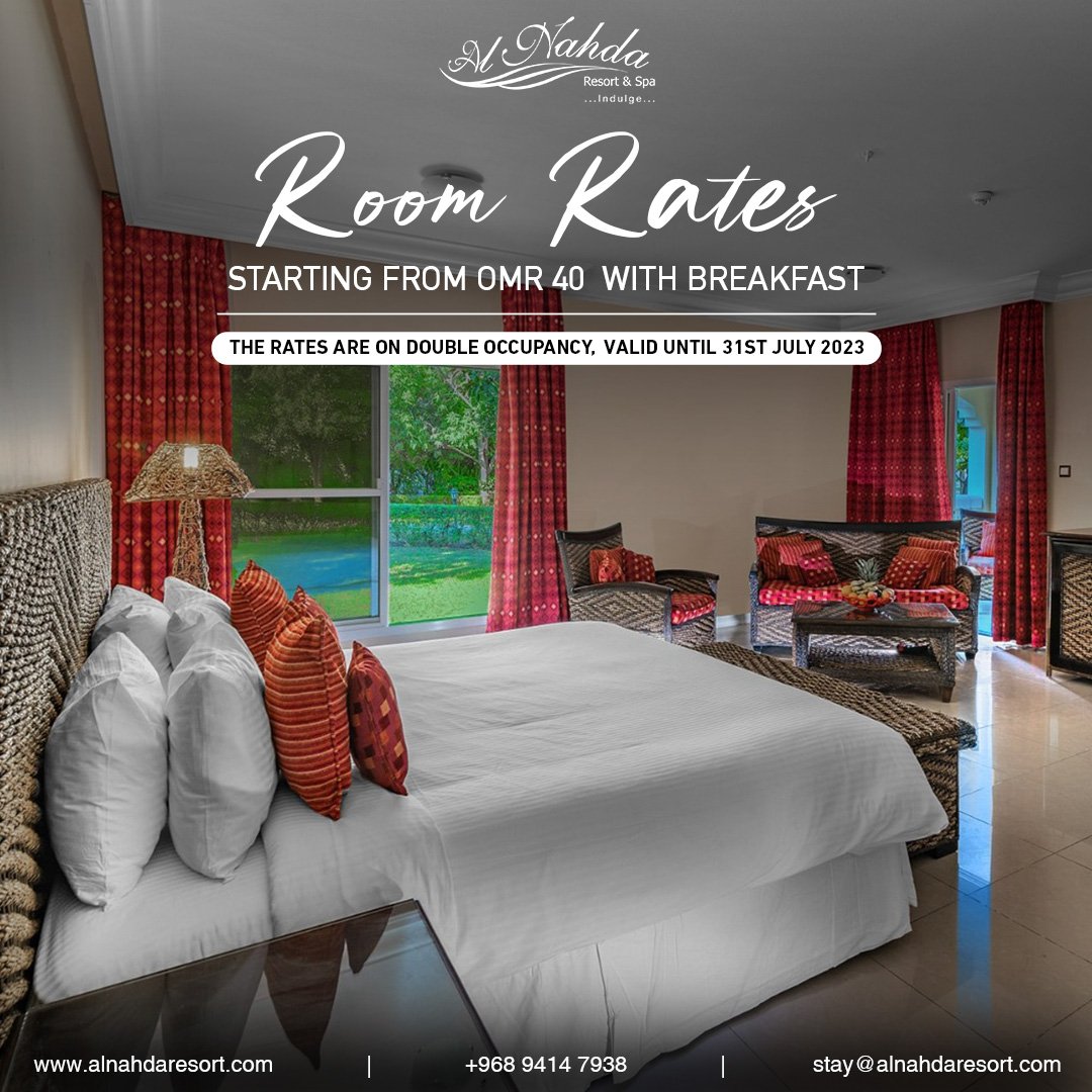 Escape to Al Nahda Resort and Spa, where luxury meets affordability!

Book now and create unforgettable memories before this offer ends on July 31st!

#AlNahdaResortAndSpa #LuxuryEscape #UnbeatableOffer #BookNow #Getaway #Oman #Muscat #Offers #LuxuryandComfort #BestOffer