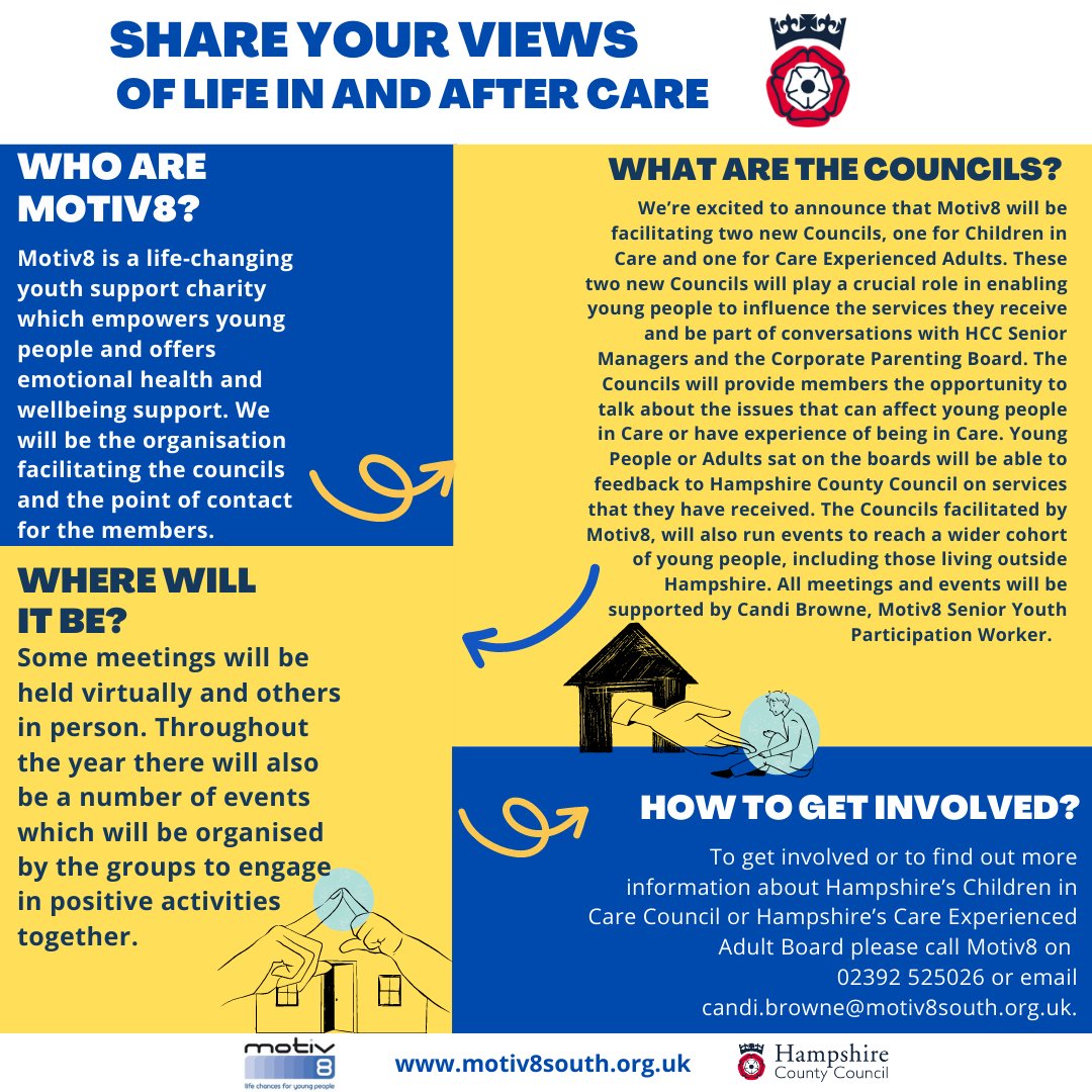 If you are interested please fill out the form via link below and join us un making changes to the services you receive!

Children in Care Council and Care Experienced Adult Council (office.com)

#lifechancesforyoungpeople #youthempowerment #hampshire #CICC