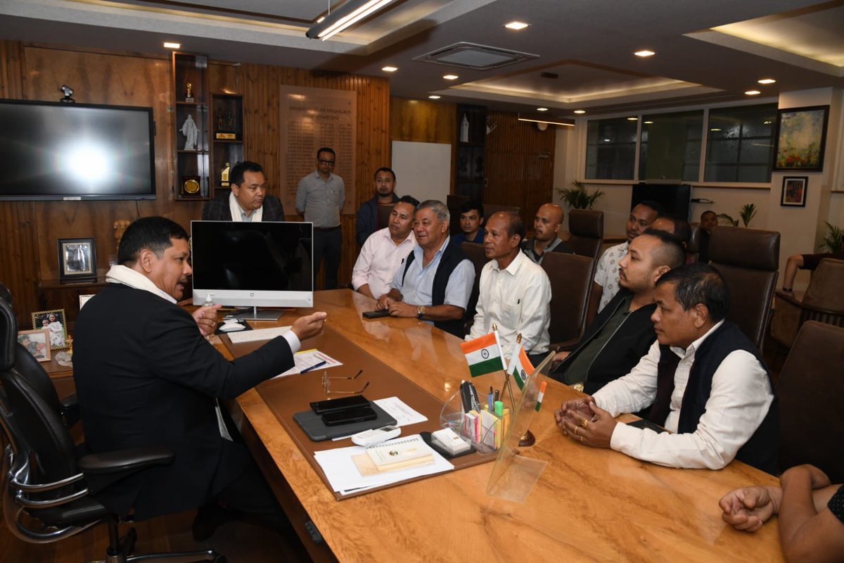 SangmaConrad's tweet photo. Jirang MLA Sosthenes Sohtun, Umroi MLA Damanbait Lamare, and the Ribhoi district delegation called on me today. Had meaningful discussions on party strengthening and addressing development concerns for our State's growth. Together, we will strive for progress and prosperity. 

 #DevelopmentMatters
