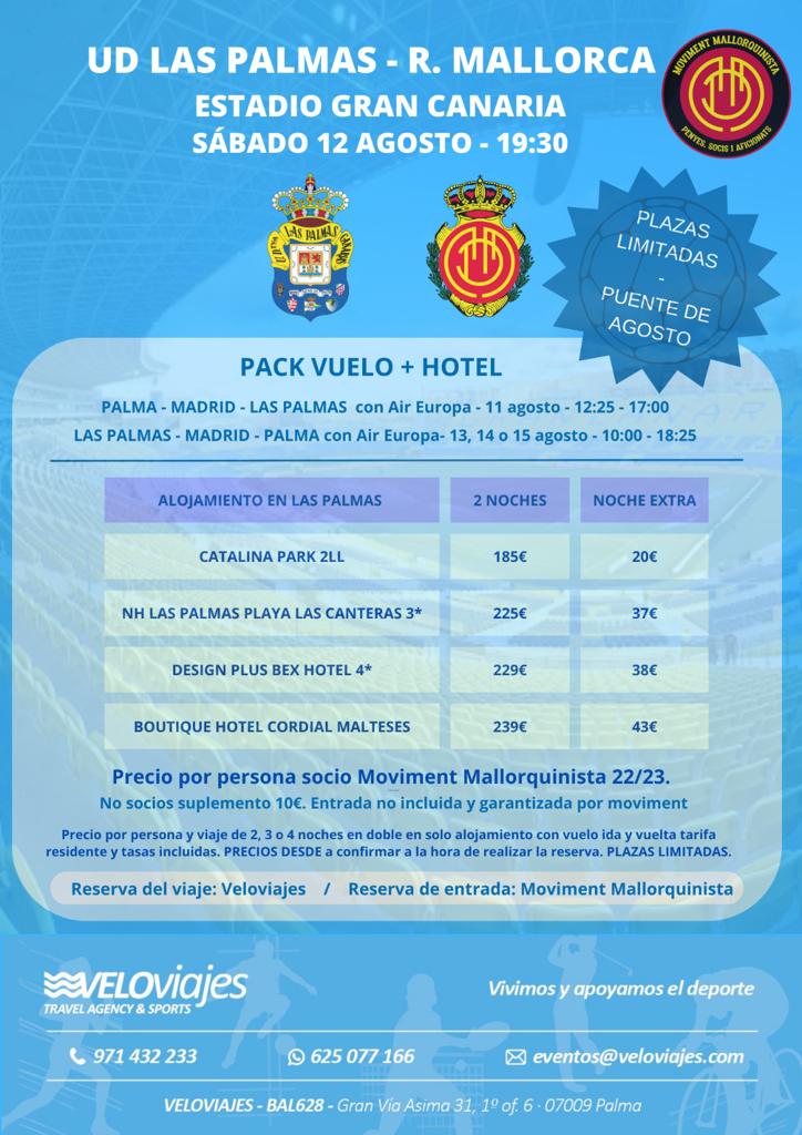 ✈️Las Palmas 🌴

A pel primer desplaçament de la temporada! 🙌🏻

No socis suplement de +10€

🎟️ Entrades NO incloses però garantides

Reserves a Veloviajes:
📞971432233 📱625077166
📨 Eventos@veloviajes.com