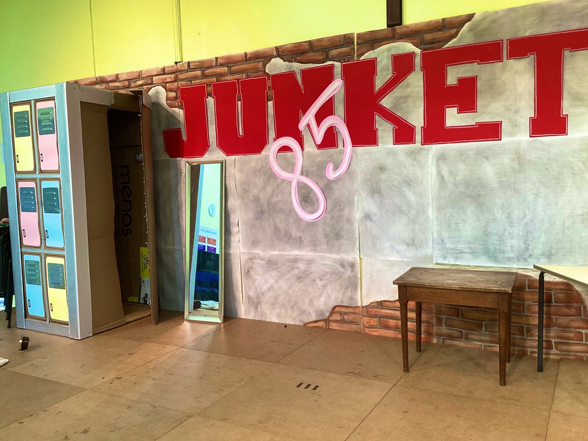 The stage is set for our Year 5 and 6 production, 'Junket 85'- an original script, based on a 1970 short film, now set in the mid-80s to a soundtrack of pop classics! We are so proud of the pupils' hard work on this. #ks2production