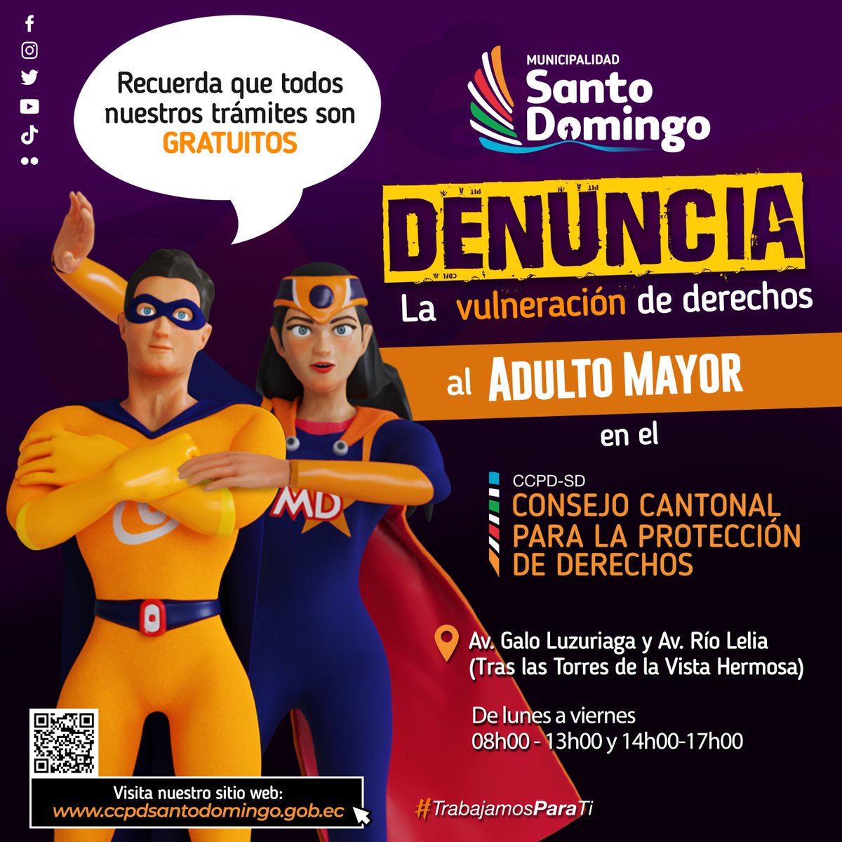 👉Si conoces casos de maltrato o abandono al Adulto Mayor denúncialos en las oficinas del Consejo Cantonal para la Protección de Derechos, ubicado en la Av. Río Lelia y Av. Galo Luzuriaga, tras las Torres de Vista Hermosa, de lunes a viernes de 08h00 a 13h00 y 14h00 a 17h00📌.