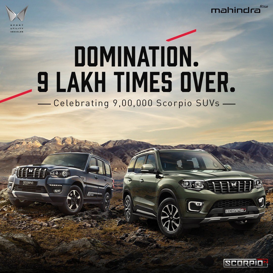 MahindraScorpio's tweet photo. The Pride of Scorpio, now 9 Lakh strong. 

We thank you all for being a part of the unstoppable #Scorpio story!
#MahindraScorpio https://t.co/ynql00cNT7