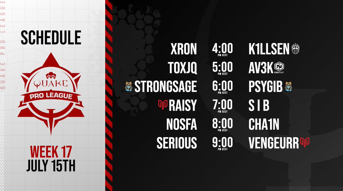 🔜Get ready for #QuakeProLeague Week 17! 

🎙️<a href="/FleeLive/">Flee</a> <a href="/ZsxOnline/">Dan Sanders</a>
👓<a href="/djWHEAT/">djWHEAT</a> headlining featured matches  

 Saturday at 4 PM CEST | 10 AM ET 
📺beth.games/3ryFahu 
📺beth.games/3Dh1E9m