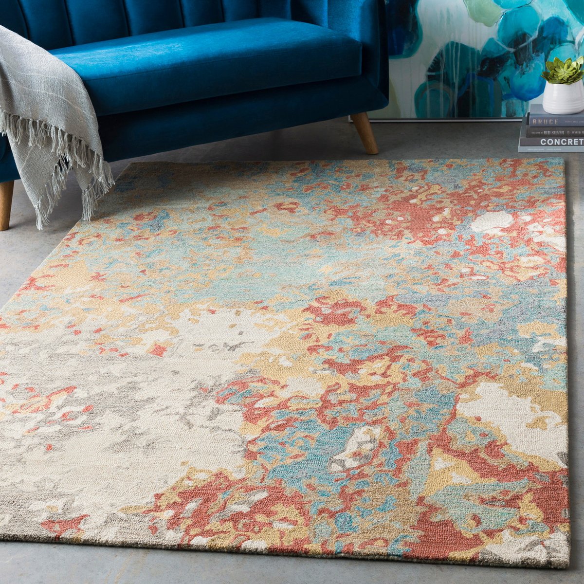 The carpet doesn't have to match the drapes! 😜 Add a pop of color or an eye catching pattern with a unique area rug from Collectic Home! - xoxo Joni #austin #summer