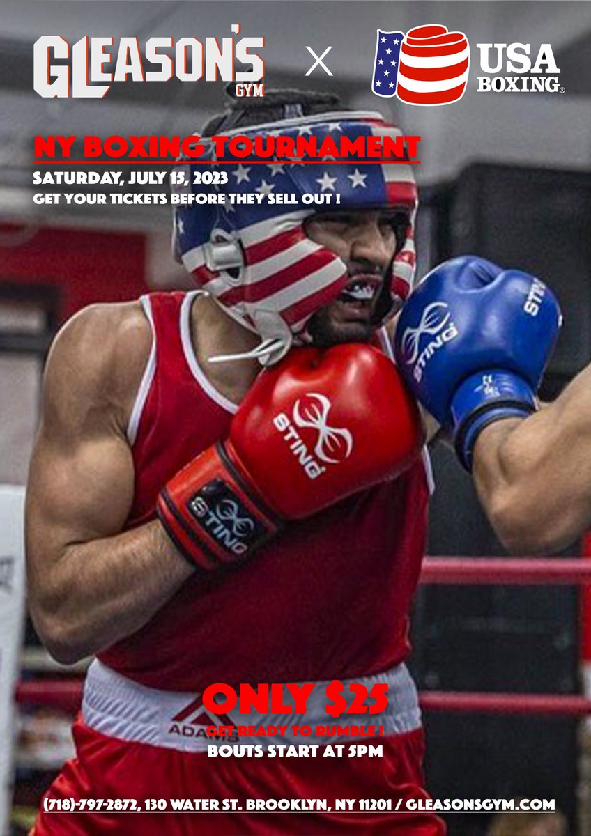 🥊 Get ready to rumble !!! for NY Boxing Tournament is coming, and it’ll take place at Gleason’s on July 15th 🎟️ You can purchase tickets on the website : gleasonsgym.com/events-1/july-… #boxing #boxingfight #boxingfighter #boxingfights #boxingchamp #boxinggym #gleasonsgym #gleasonsgym