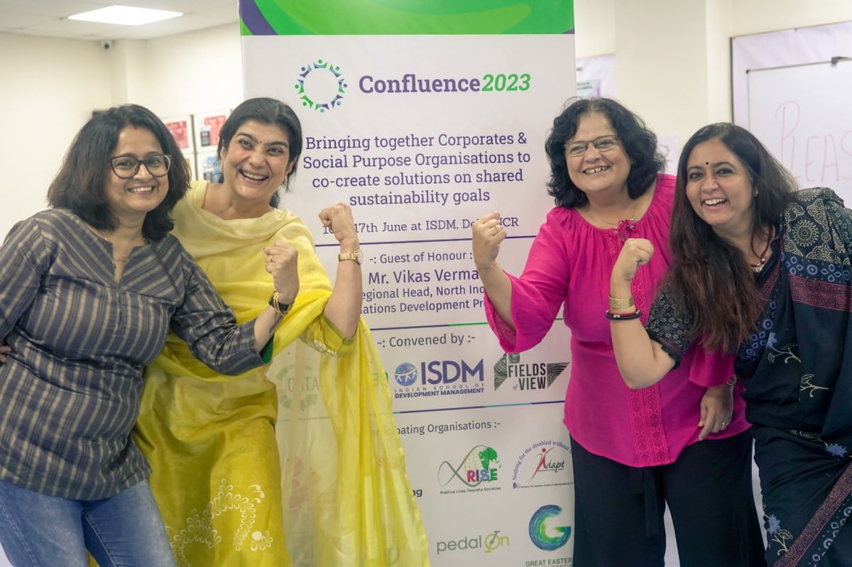 Catalyst_2030's tweet photo. ADAPT and @_PVRCinemas are partnering to strengthen and grow an inclusive workforce, integrating people with disabilities.
*Capacity building for team Kairassi by @sangeetarobinso - Chief Sustainability Officer, PVR Inox Cinemas is helping them scale & deepen the impact of their work.
* Great Eastern CSR Foundation is co creating a solution with Every Infant Matters (@EveryInfant) and @VisionSpring to access remote supply chains in Kargil, to get essential vitamins and eye care to the last mile.
*Meaningful Design Foundation (Jaggery) is sharing their innovations & expertise with Indus Industries to help them reduce and upcycle plastic waste generated at their manufacturing plant.
*Rise Infinity Foundation is working with Ball Corporation (@BallCorpHQ) to raise awareness on sustainable consumption and to reduce & recycle aluminium waste.
*India's top business leaders who are part of the SVP (Social Venture Partners) network are supporting Pedal On and VisionSpring by providing strategic guidance bringing their skills, expertise and knowledge to enable transformative change.
This is the kind of multiplier effect on impact unlikely collaborations between businesses and social purpose organisations (SPOs) can have! This is the magic we created at Confluence 2023, an initiative of @Catalyst_2030 in collaboration with Indian School of Development Management (@ISDM_ORG_IN) and Fields of View.
It was incredibly valuable for the participants to have Vikas Verma, Regional Head, North India - @UNDP (United Nations Development Programme) share his learnings and give insightful feedback on the solutions.
We have just jump started these partnerships between businesses and SPOs, and are excited to see how these relationships develop as we go forward, and how we keep increasing our social impact through collaborative solutioning.