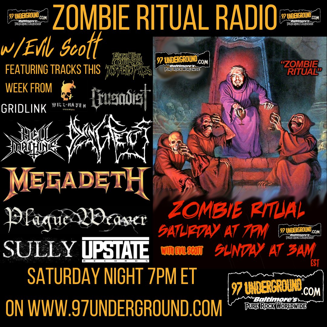 ZombieRitual97's tweet photo. #newepisode this #saturday 7pm ET #USA on @97underground is #loaded with tracks from @Megadeth @DyingFetusBand @PlagueWeaver @crusadist_band @willhavenband #HellMachine #Gridlink #Sully & more! @hpgd666 @ClawHammerPR @ITHERETWEETER1 @Dazzshallperish @OldManMetalOG @Skateboardmkt https://t.co/vvlODBT2F5