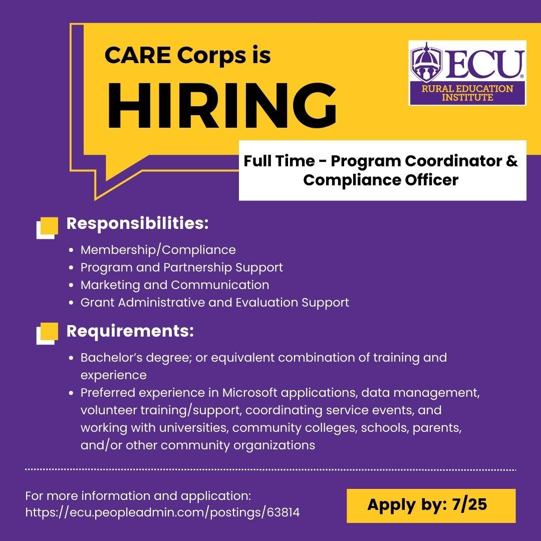 Hiring Announcement! CARE Corps is currently seeking a full-time Program Coordinator &amp; Compliance Officer. The application deadline is July 25th. Be sure to check out this job posting and feel free to share it with your networks: ecu.peopleadmin.com/postings/63814