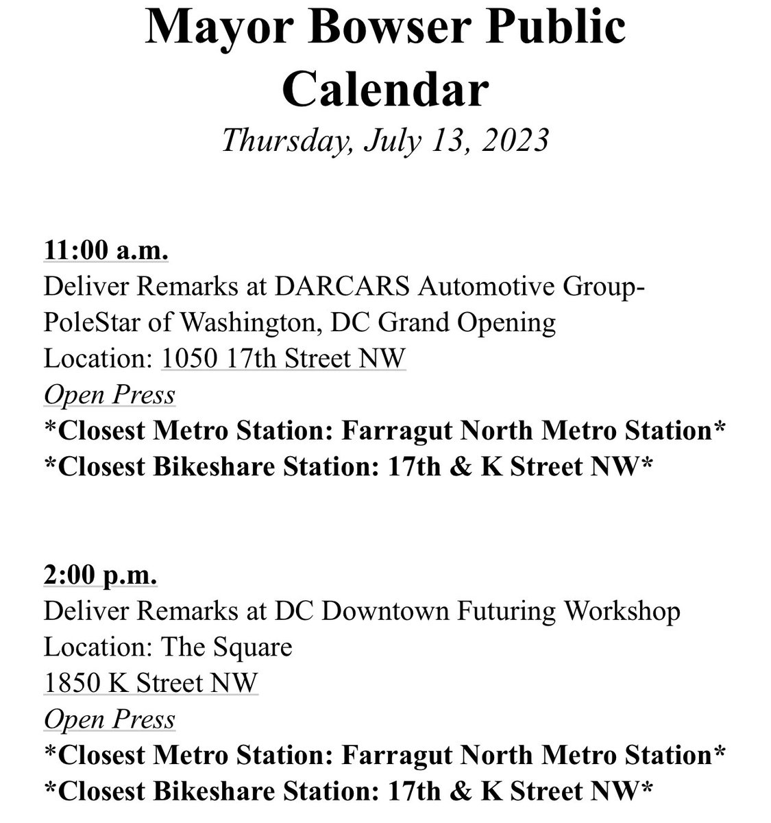 Hey #DC, have you thought about driving an electric car? 

Today, @MayorBowser will #BeDowntown talking about the 1st DC based Polestar (Volvo) electric vehicle dealership. 🚗 ⚡️ 

This afternoon, @MayorBowser will join @DowntownDCBID @GoldenTriDC  to keep working on #DowntownDC.