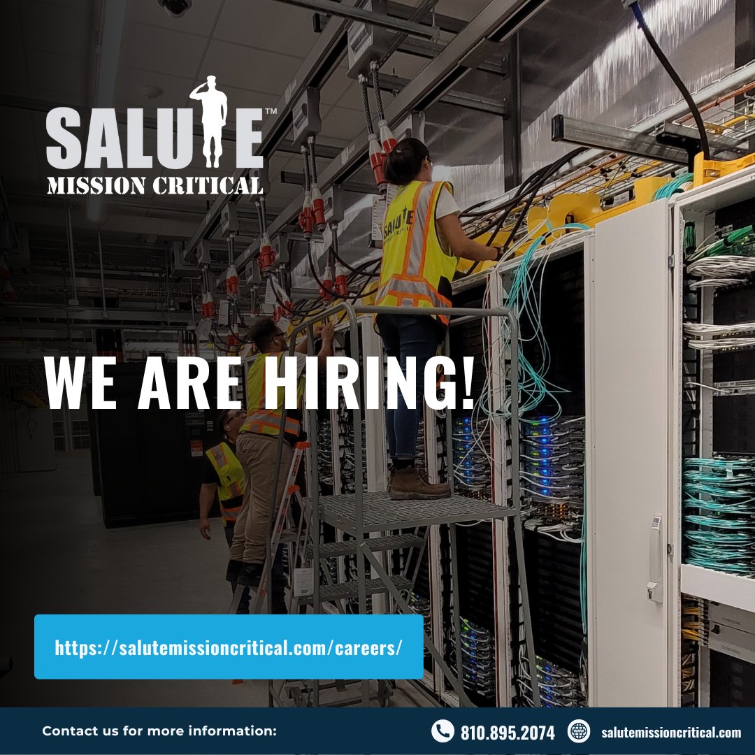We are #HIRING! 🥳🥳
Are you ready to take the next step in your career? Apply here: salutemissioncritical.com/careers/
#veteran #military #applynow #hiringnow #militaryspouse #datacenter #bootsontheground