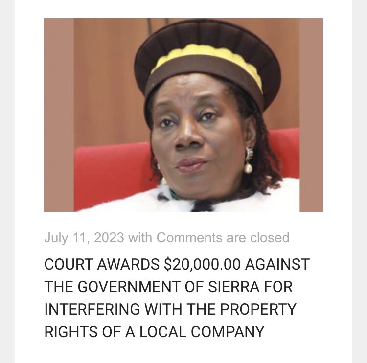 The ECOWAS court has levied a $20,000 fine on the government of Sierra Leone for interfering with the property rights of a local company in 2013 .