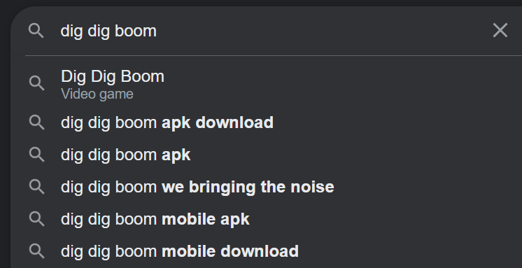 SteinMakesGames's tweet photo. Search suggestions imply that people want to play Dig Dig Boom on mobile. Ain't even released on PC yet, but interesting sign๐คIs there a demand?
#DigDigBoom #mobilegames #indiegames https://t.co/3hvhw4vGCk