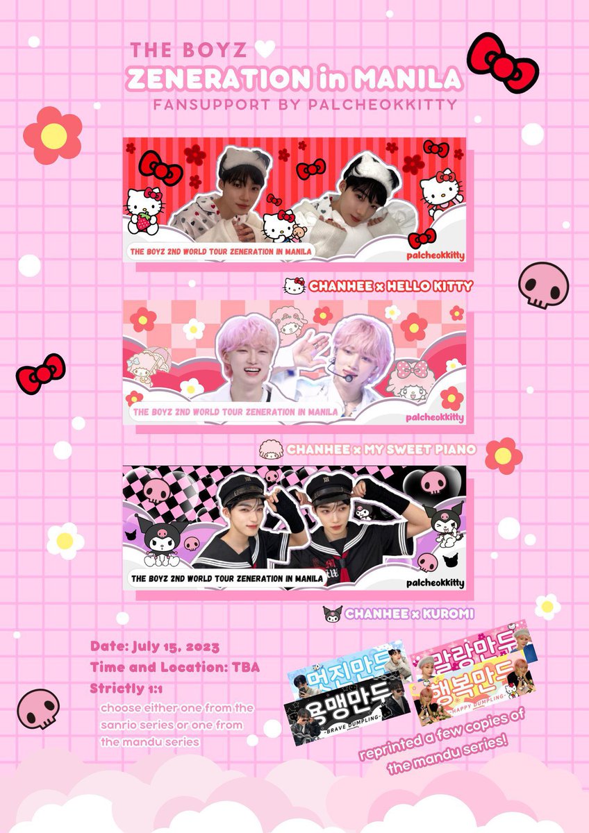 palcheokkitty's tweet photo. ˗ˏˋ ʚ chanhee hand banners ɞ ˎˊ˗
#ZENERATION_MNL

just approach me on d-day and choose one from these banners
🎀 chanhee x hello kitty
🌸 chanhee x my sweet piano
🖤 chanhee x kuromi

+ a few copies from the chanhee mandu series too! https://t.co/iJ5QAvLoRo