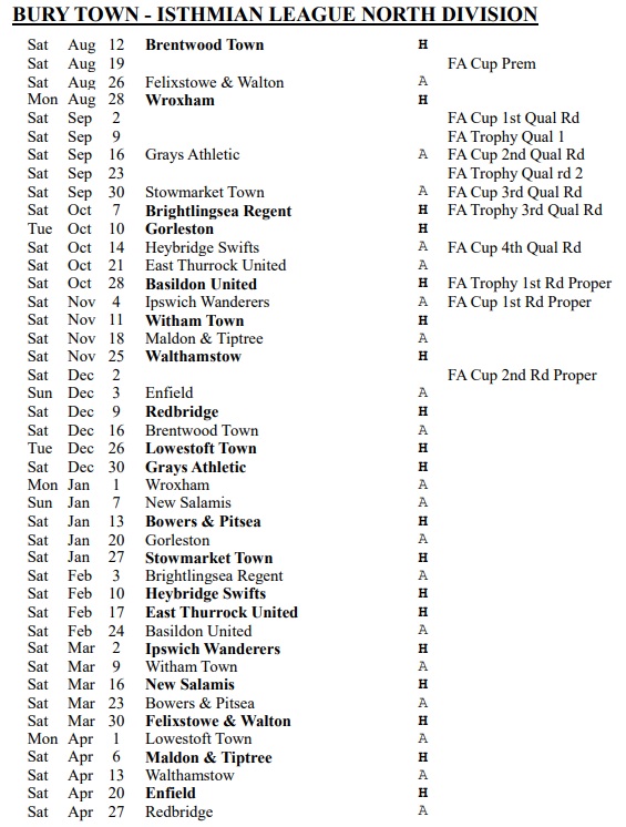 Bury Town FC ⚽️ on Twitter "📅FIXTURES RELEASED The 2023/24 fixtures